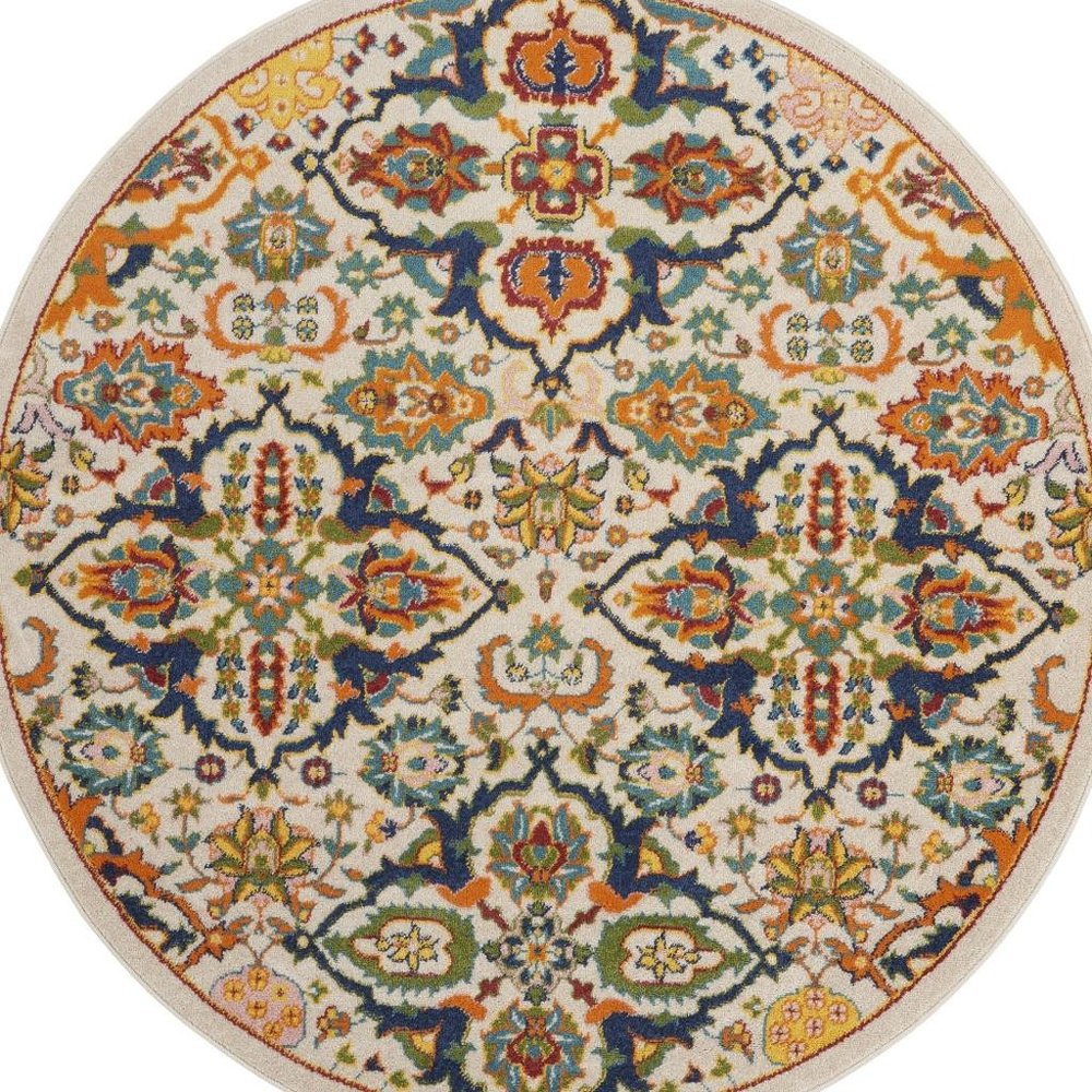 4' Ivory Blue And Yellow Floral Round Rug