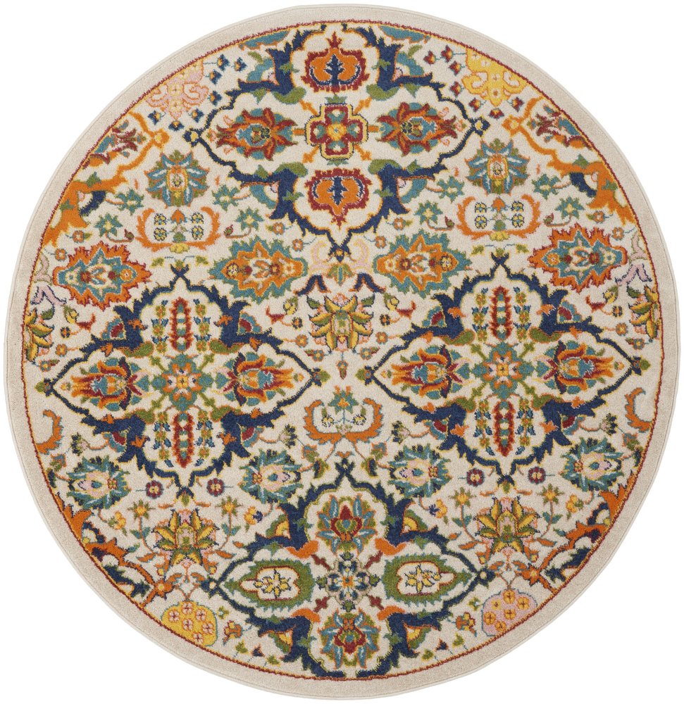 4' Ivory Blue And Yellow Floral Round Rug