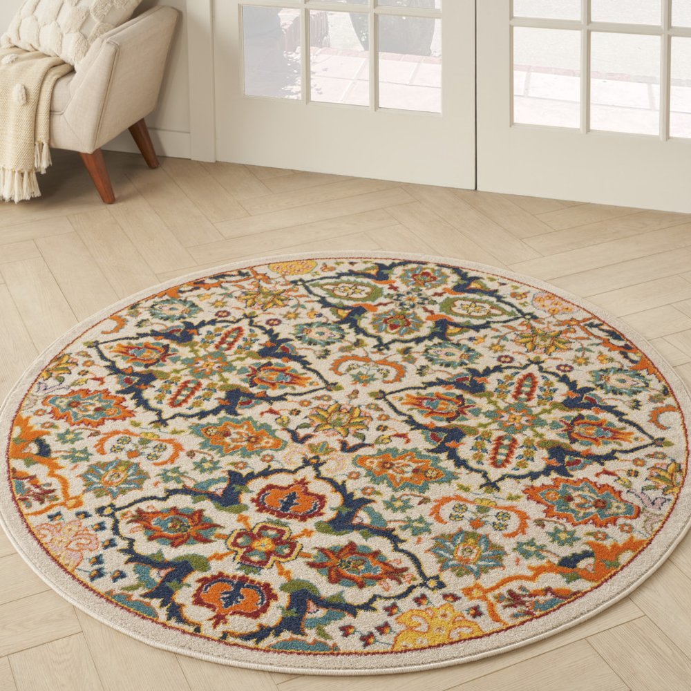 4' Ivory Blue And Yellow Floral Round Rug