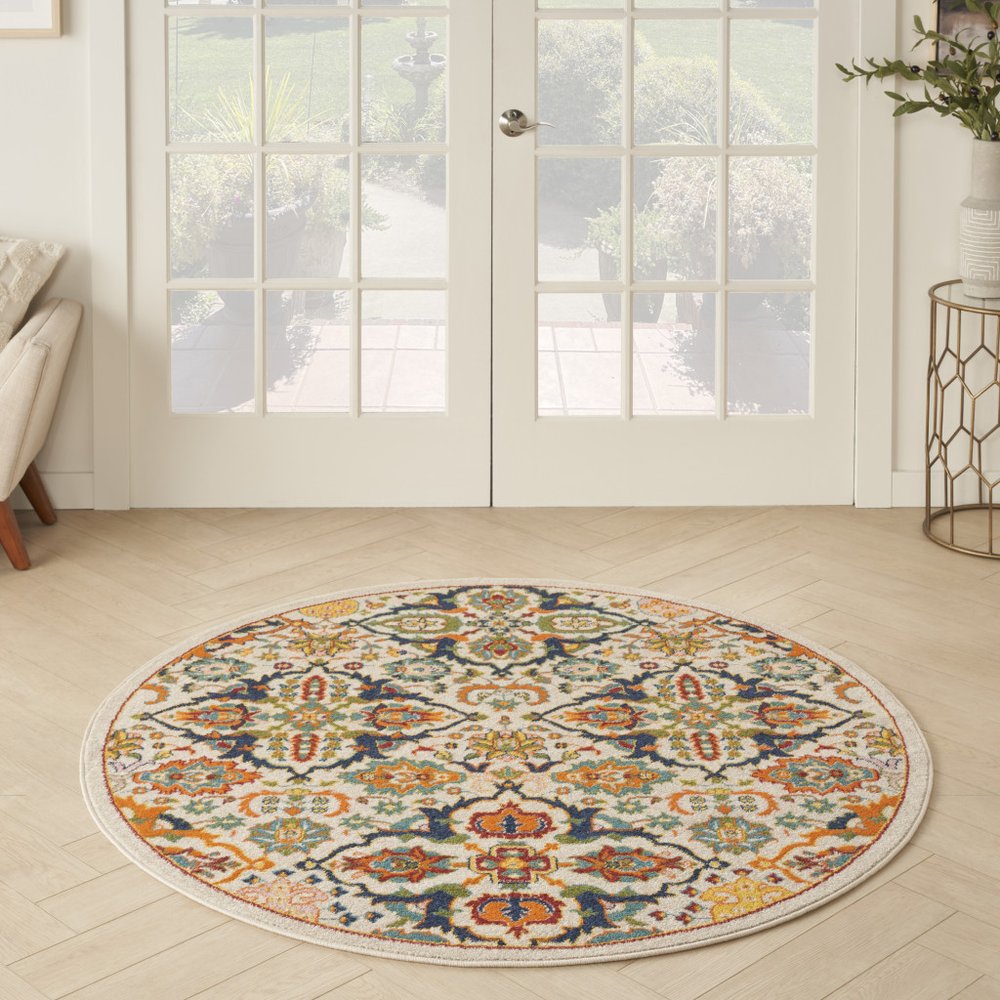 4' Ivory Blue And Yellow Floral Round Rug