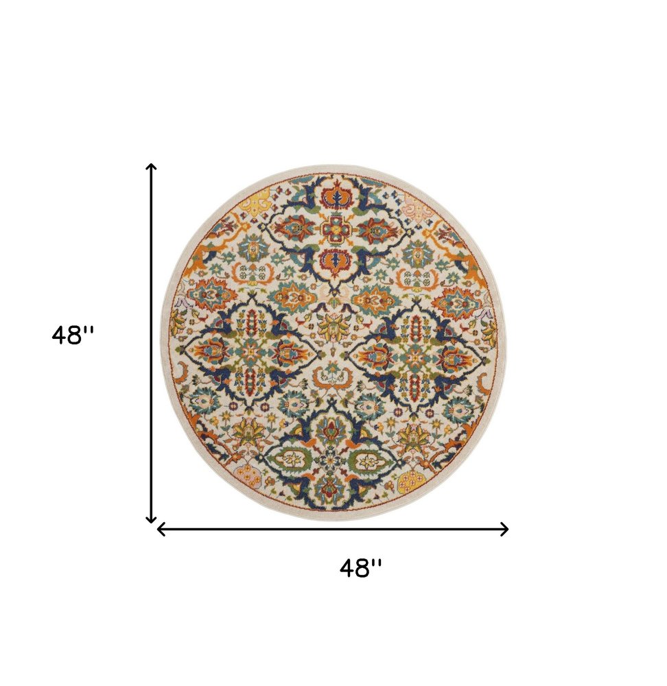 4' Ivory Blue And Yellow Floral Round Rug
