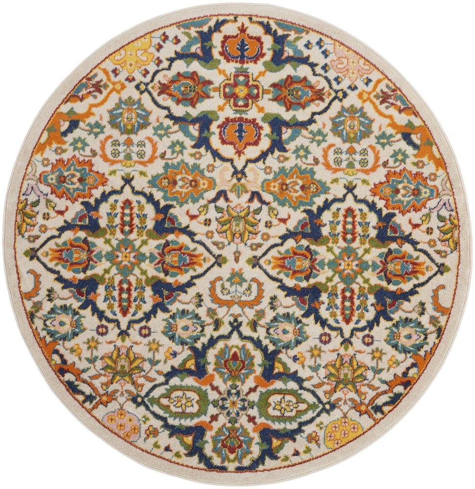 4' Ivory Blue And Yellow Floral Round Rug