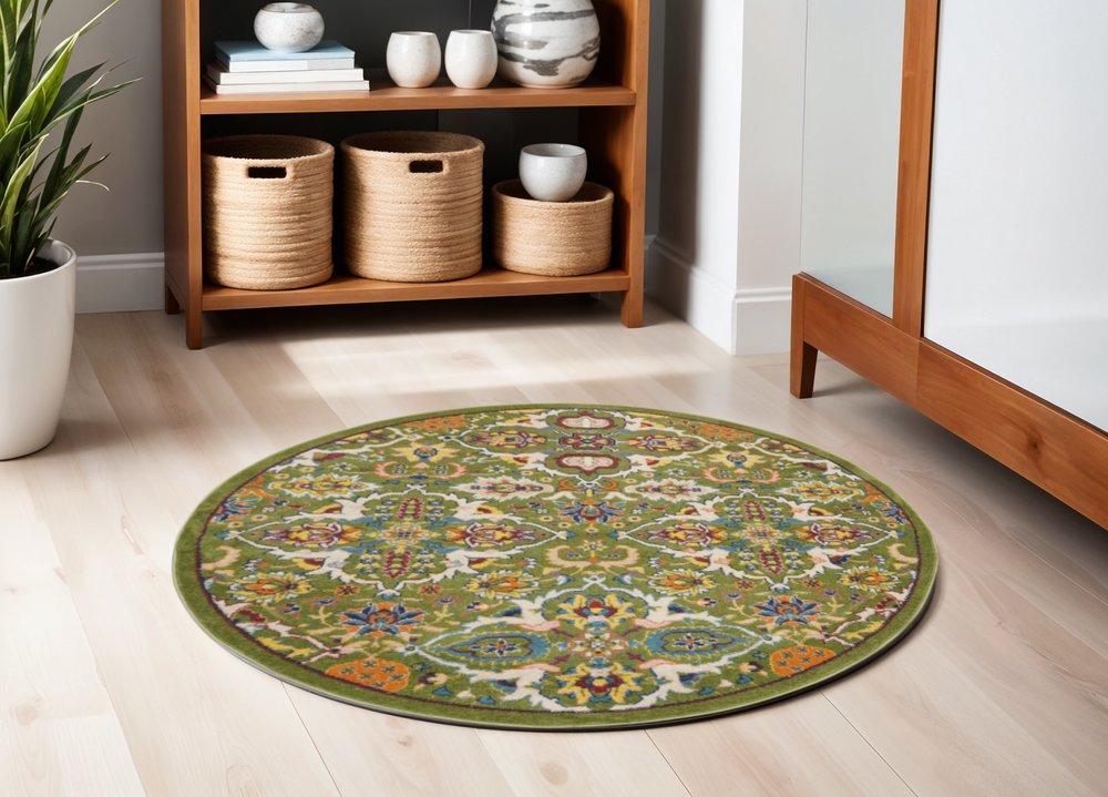 4' Green Red And Orange Floral Medallion Round Rug