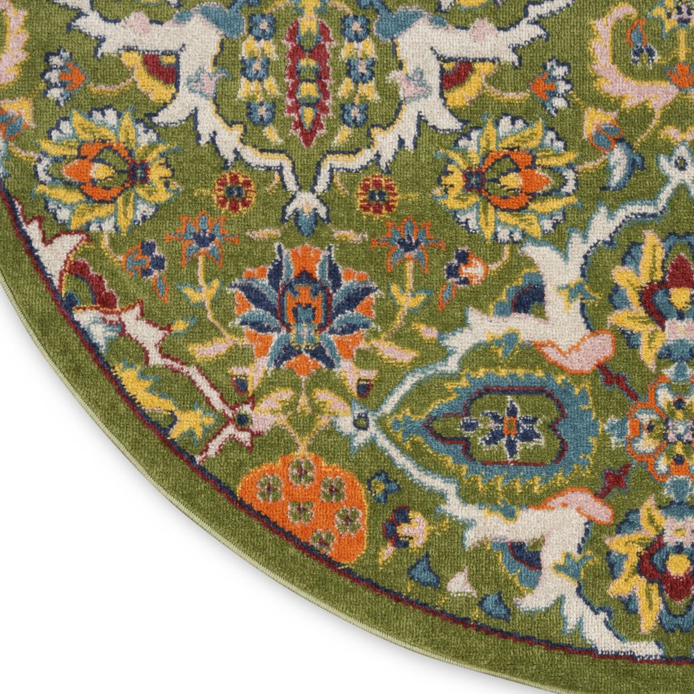 4' Green Red And Orange Floral Medallion Round Rug