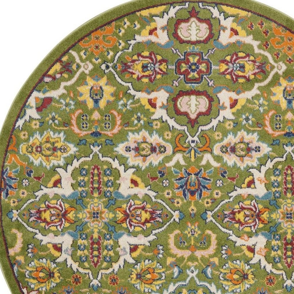 4' Green Red And Orange Floral Medallion Round Rug
