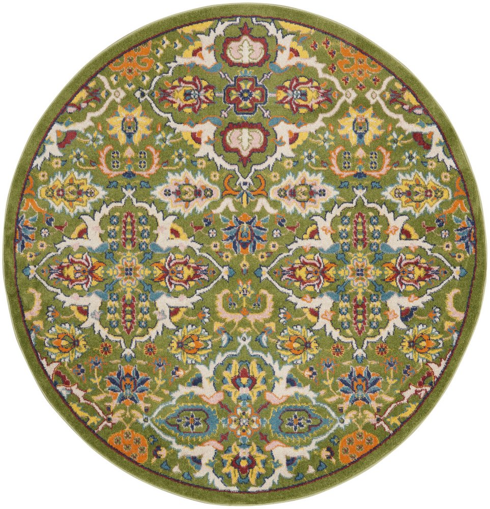 4' Green Red And Orange Floral Medallion Round Rug