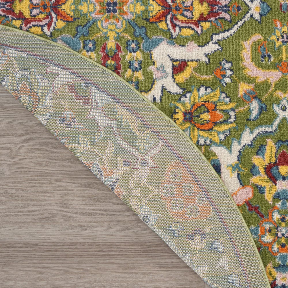 4' Green Red And Orange Floral Medallion Round Rug