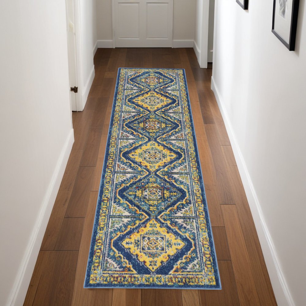 8' Blue And Yellow Oriental Runner Rug