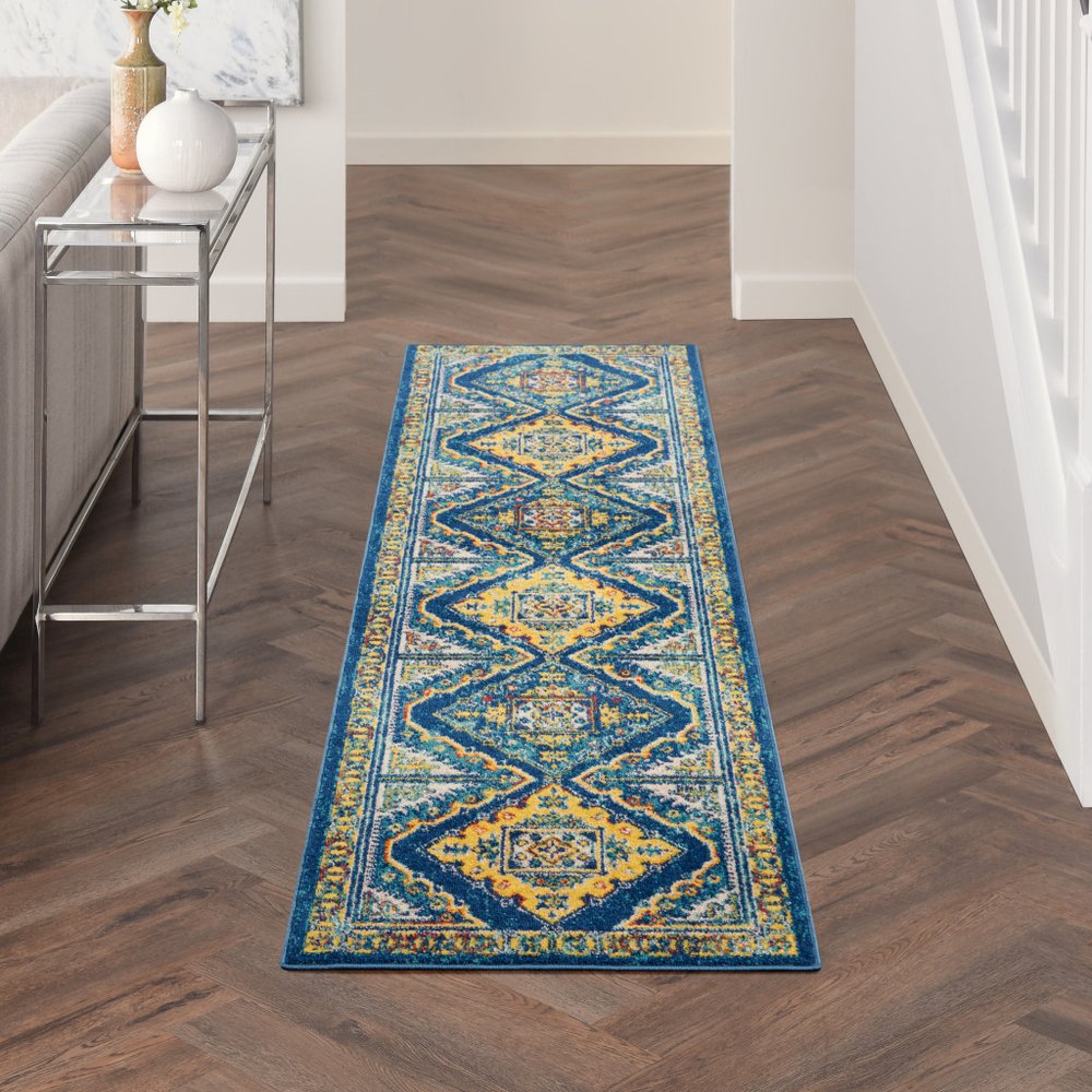 8' Blue And Yellow Oriental Runner Rug