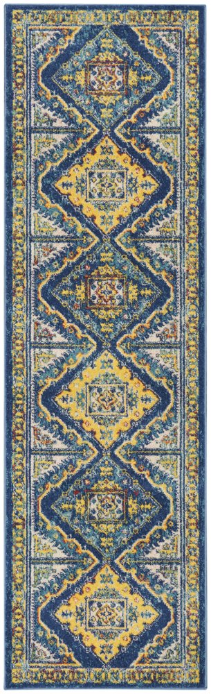 8' Blue And Yellow Oriental Runner Rug
