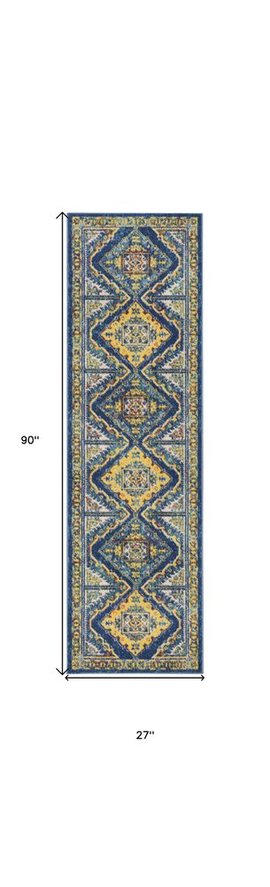 8' Blue And Yellow Oriental Runner Rug