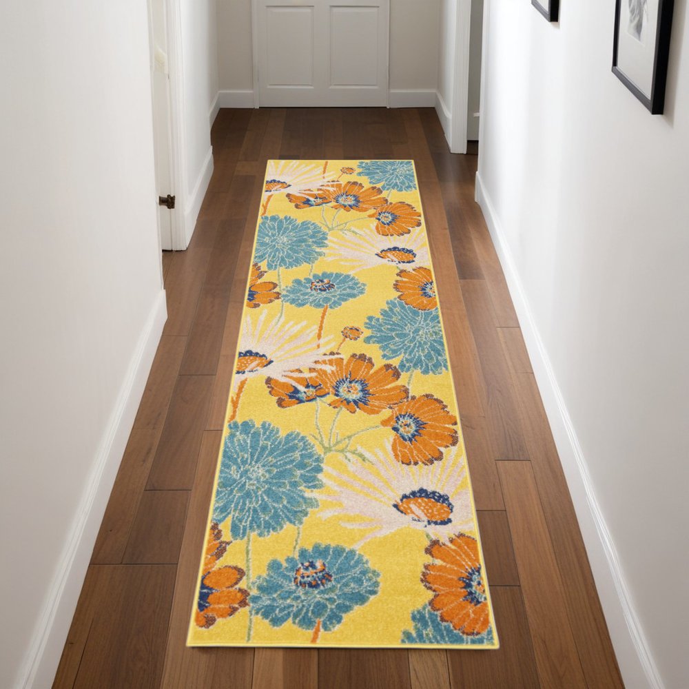 8' Yellow Floral Runner Rug