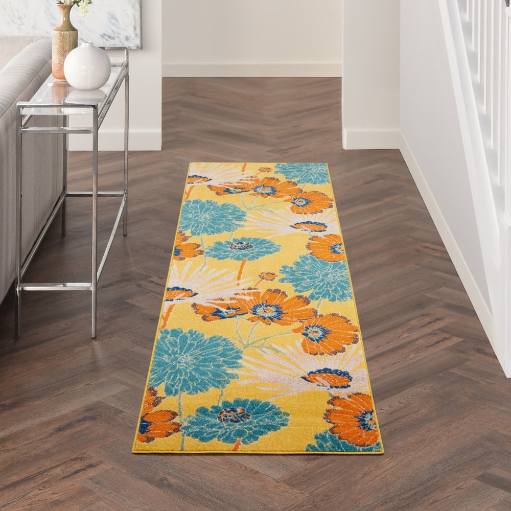 8' Yellow Floral Runner Rug