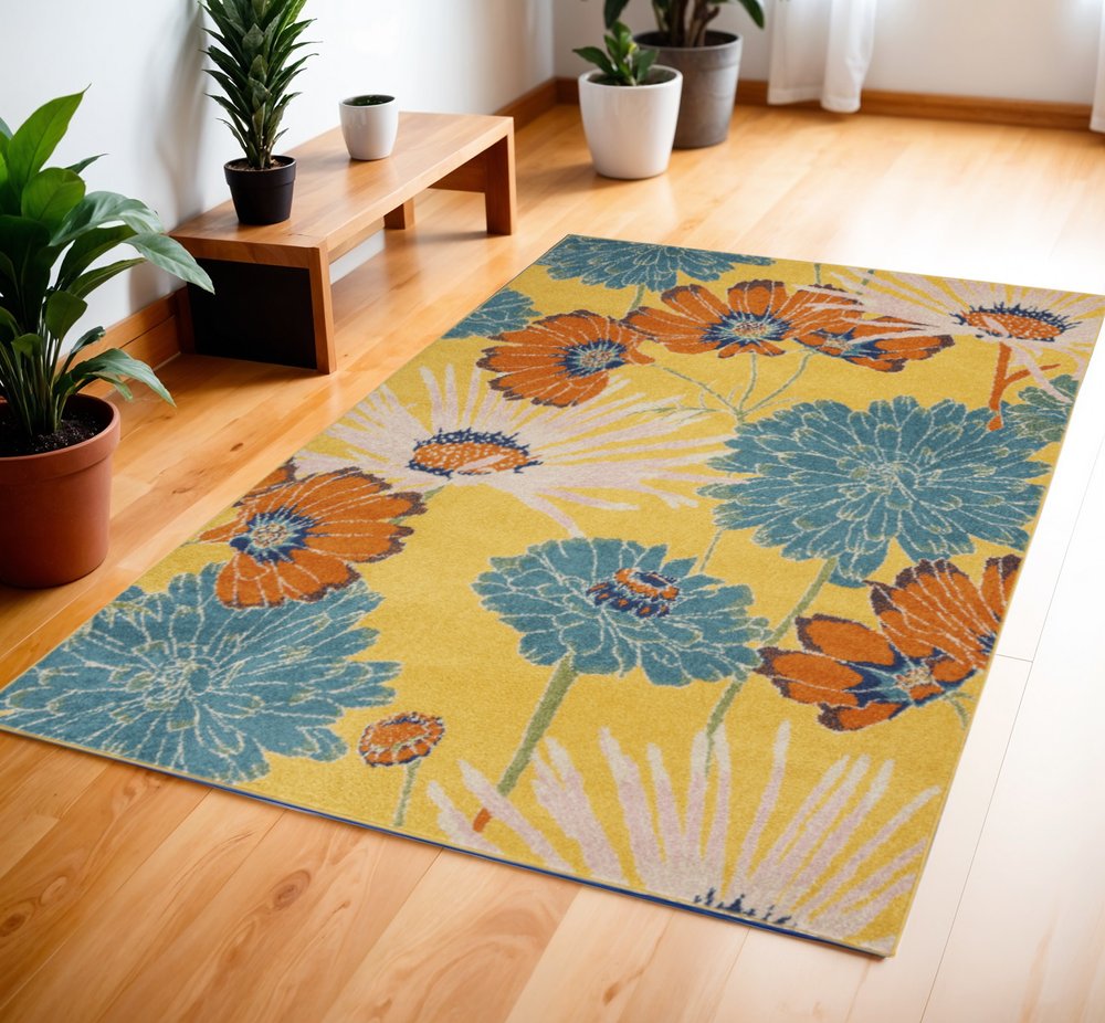 4' X 6' Yellow Floral Power Loom Area Rug