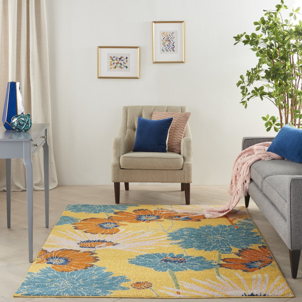 4' X 6' Yellow Floral Power Loom Area Rug