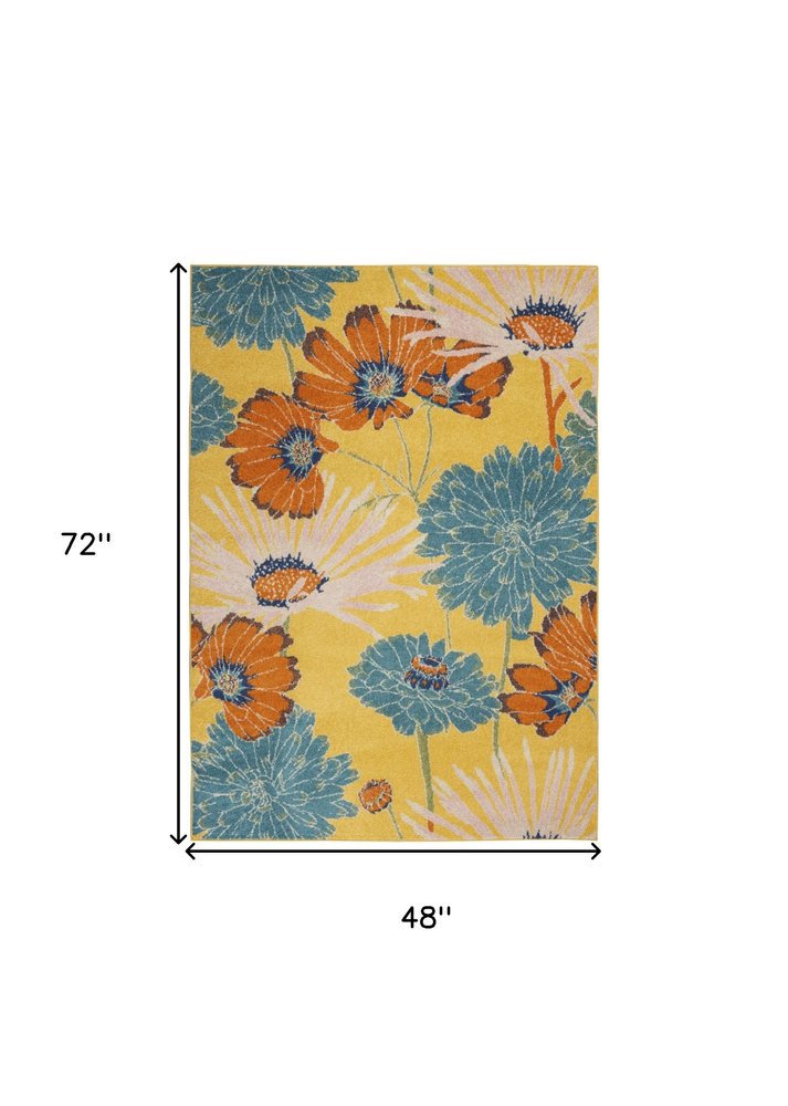 4' X 6' Yellow Floral Power Loom Area Rug