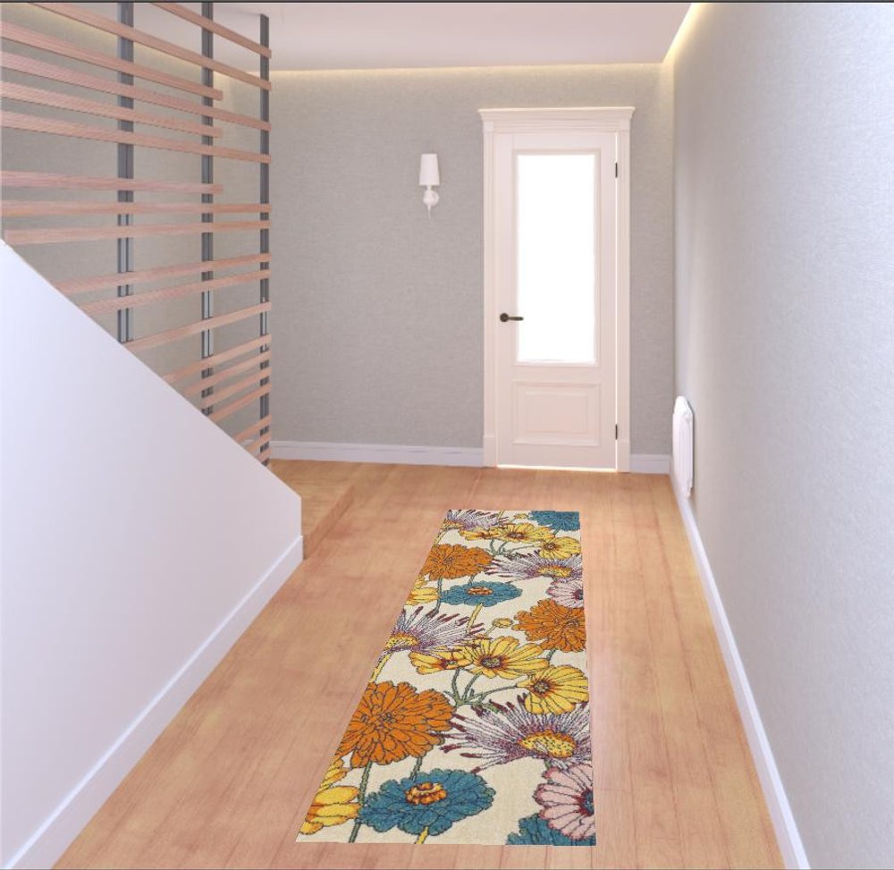 8' Cream Floral Runner Rug