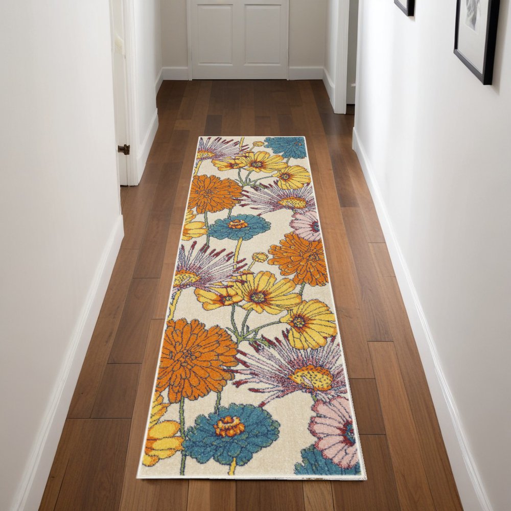8' Cream Floral Runner Rug