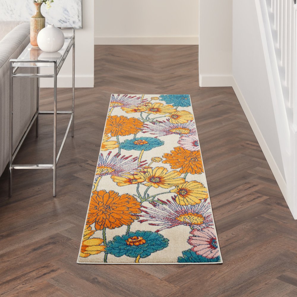 8' Cream Floral Runner Rug