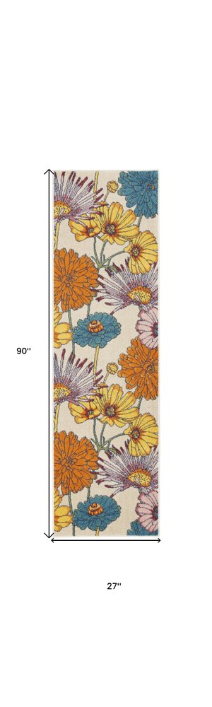 8' Cream Floral Runner Rug