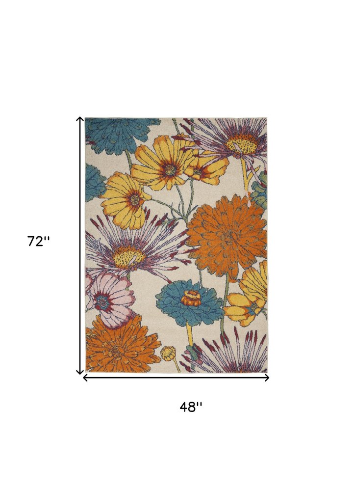 4' X 6' Cream Floral Power Loom Area Rug