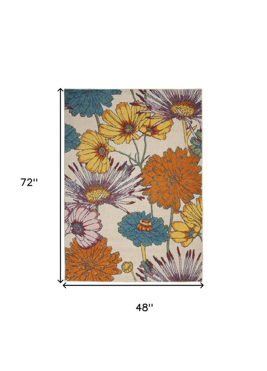 4' X 6' Cream Floral Power Loom Area Rug