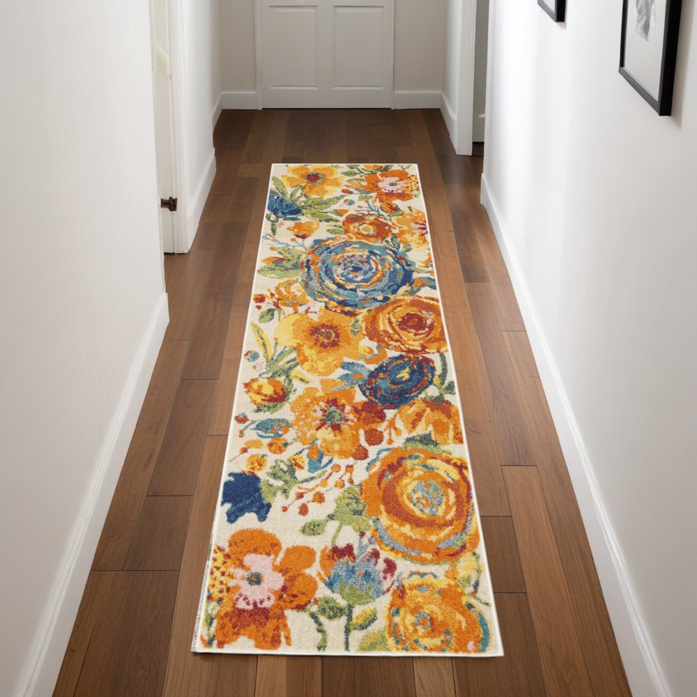 8' Cream Floral Runner Rug