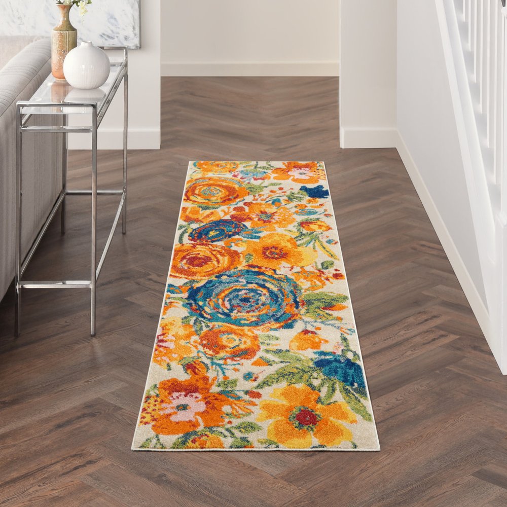 8' Cream Floral Runner Rug