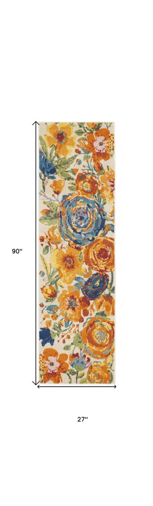 8' Cream Floral Runner Rug