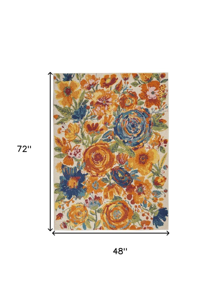 4' X 6' Cream Floral Power Loom Area Rug