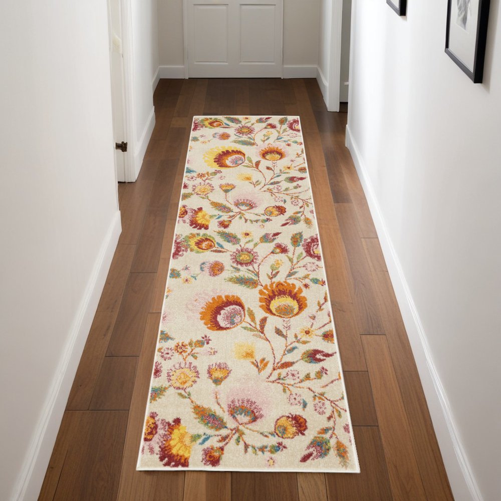 8' Cream Orange And Red Floral Runner Rug