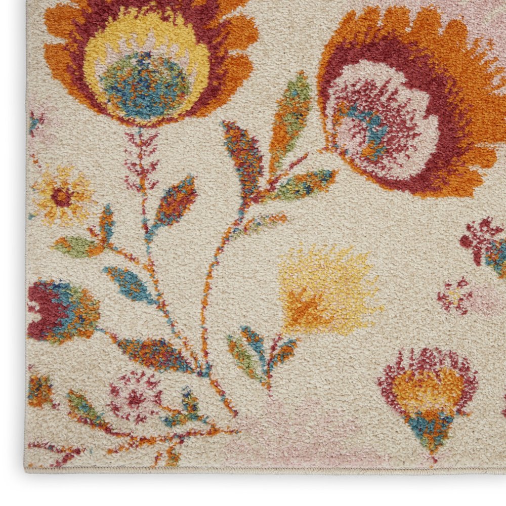 8' Cream Orange And Red Floral Runner Rug
