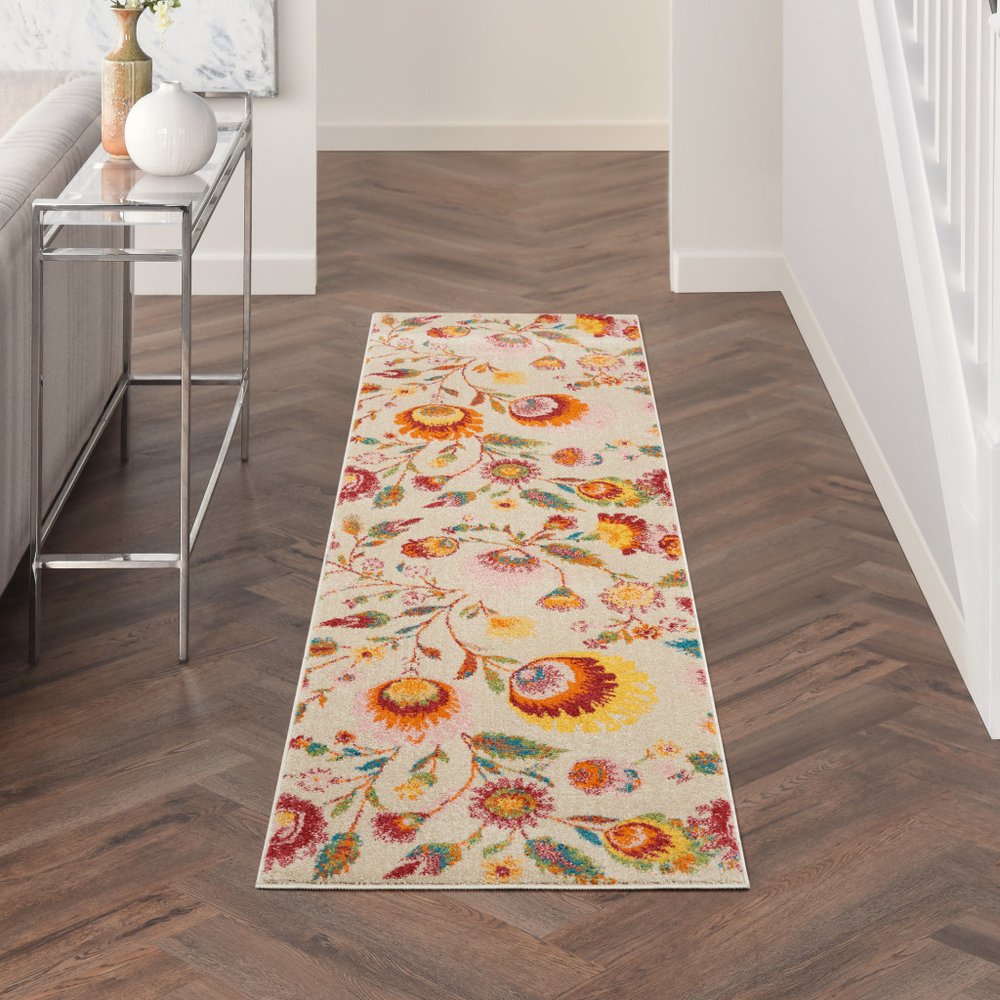 8' Cream Orange And Red Floral Runner Rug