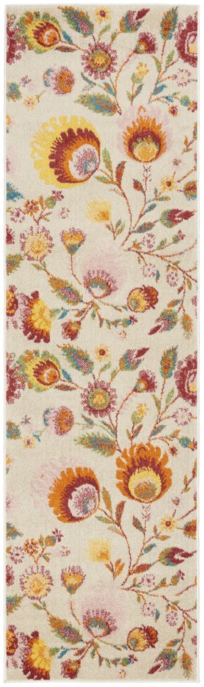8' Cream Orange And Red Floral Runner Rug