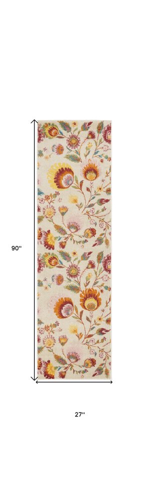 8' Cream Orange And Red Floral Runner Rug