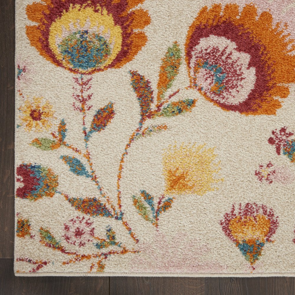 8' Cream Orange And Red Floral Runner Rug