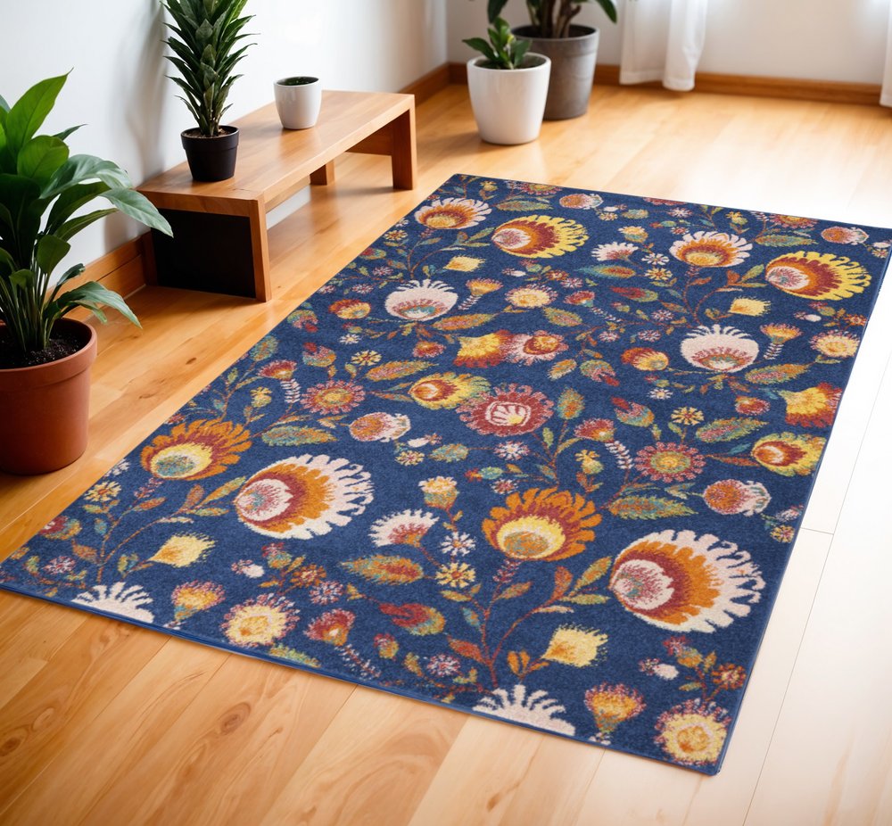 4' X 6' Orange Red And Blue Floral Area Rug