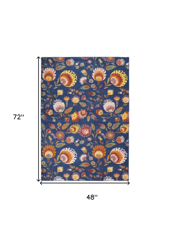 4' X 6' Orange Red And Blue Floral Area Rug