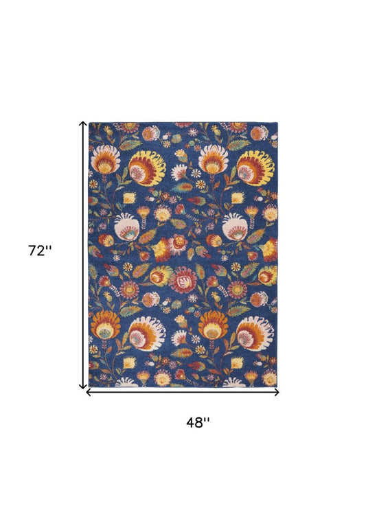 4' X 6' Orange Red And Blue Floral Area Rug