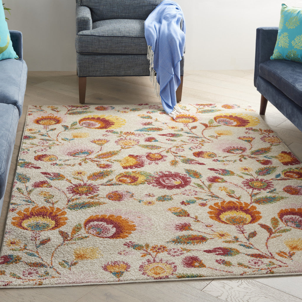4' X 6' Orange and Ivory Floral Power Loom Area Rug