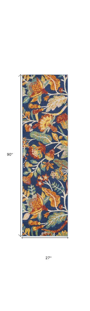 8' Orange Red And Blue Floral Runner Rug