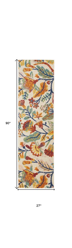 8' Orange Cream And Green Floral Runner Rug