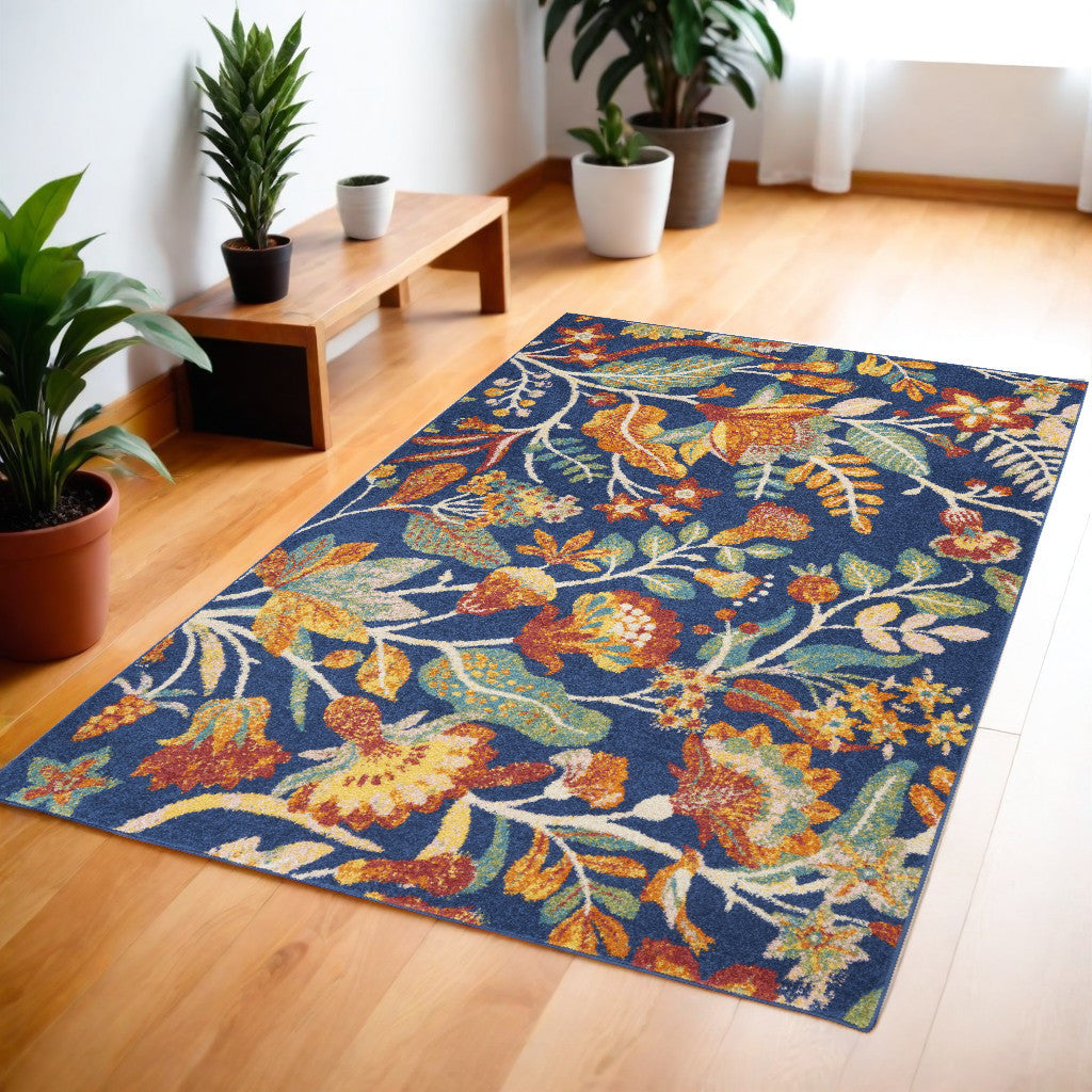 4' X 6' Blue and Orange Floral Power Loom Area Rug