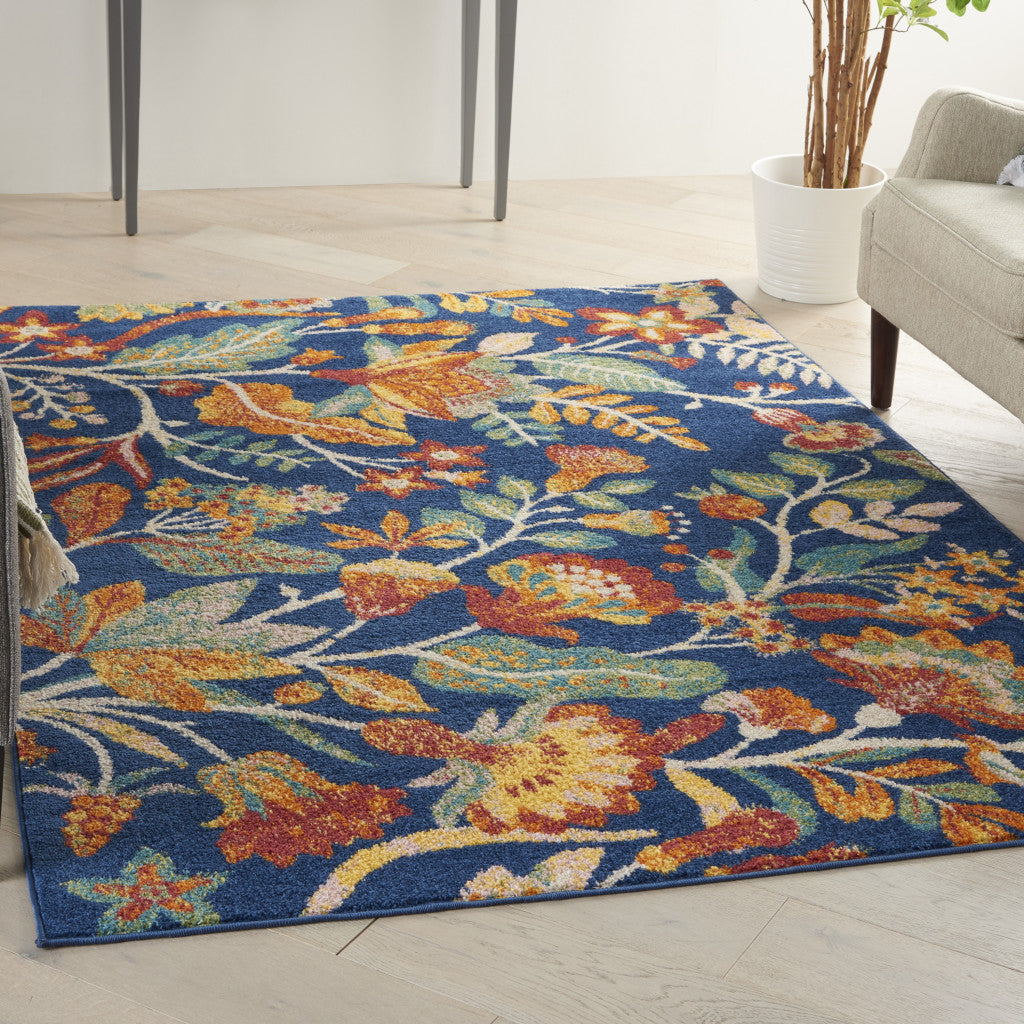 4' X 6' Blue and Orange Floral Power Loom Area Rug