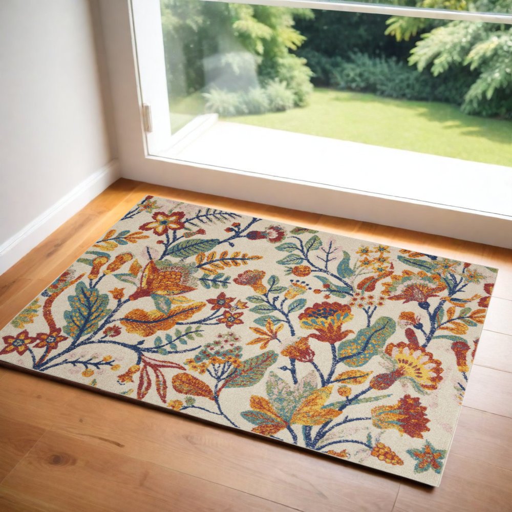4' X 6' Orange Cream And Green Floral Area Rug