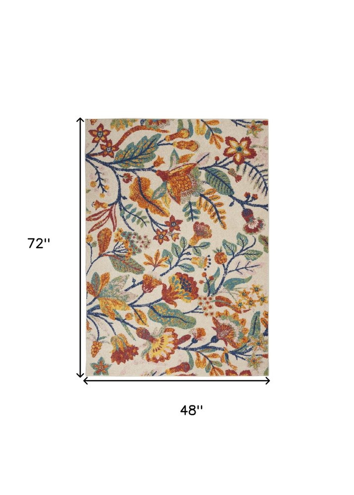 4' X 6' Orange Cream And Green Floral Area Rug