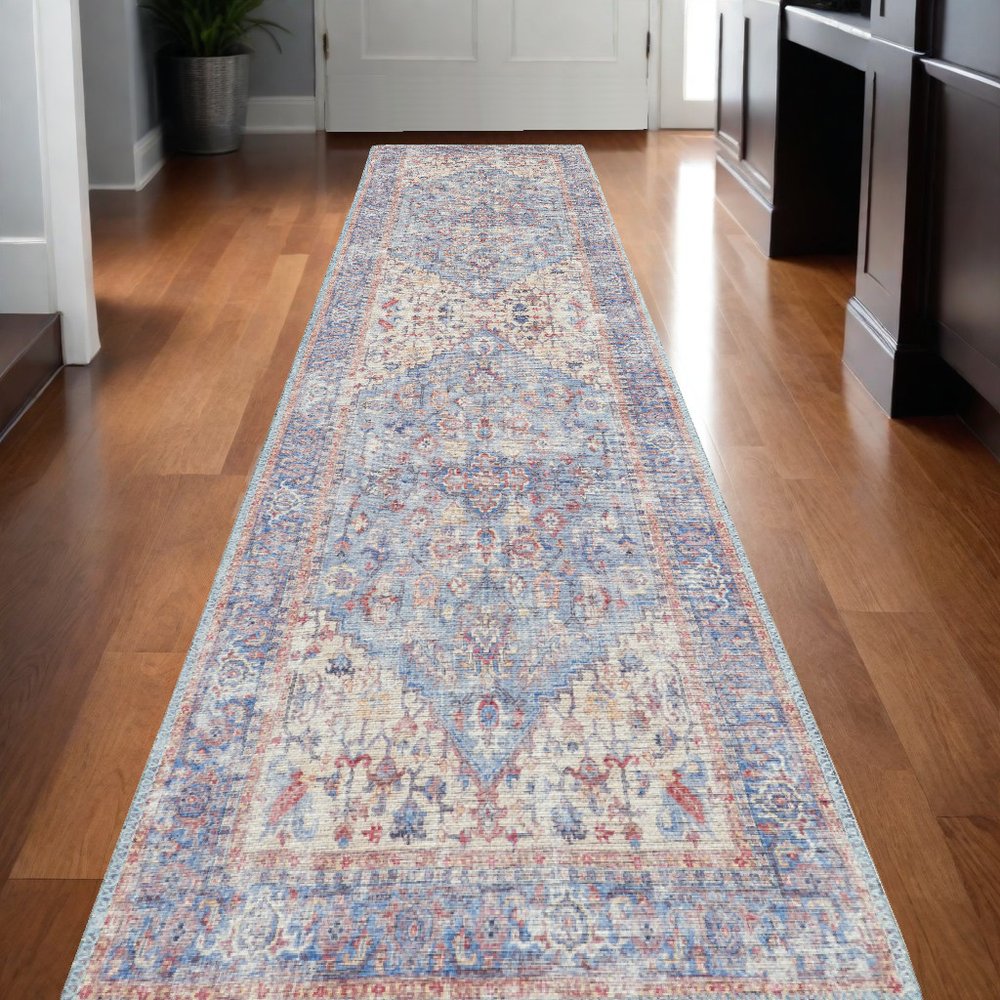 12' Beige And Blue Floral Distressed Runner Rug