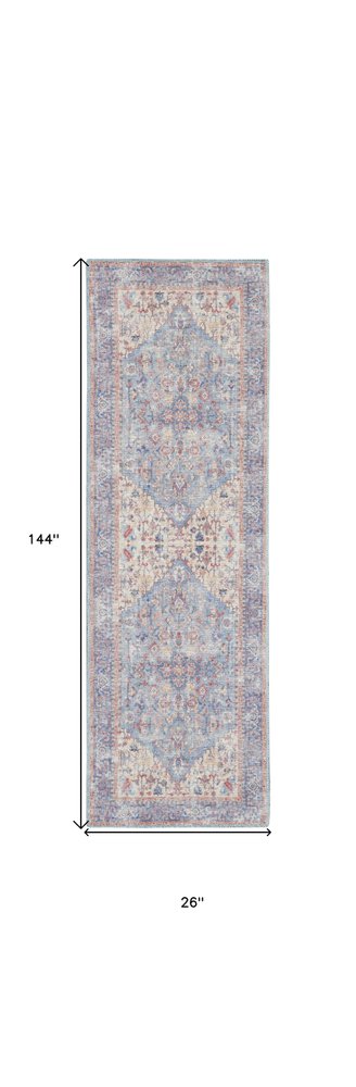 12' Beige And Blue Floral Distressed Runner Rug