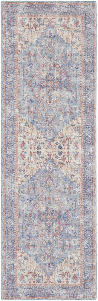 12' Beige And Blue Floral Distressed Runner Rug