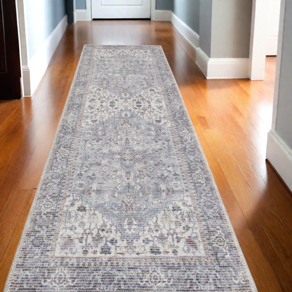 12' Ivory And Black Floral Distressed Runner Rug